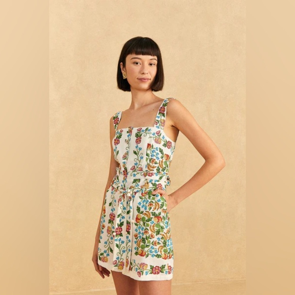 FARM Rio White Floral Midi Dress with Multicolor Botanical Print